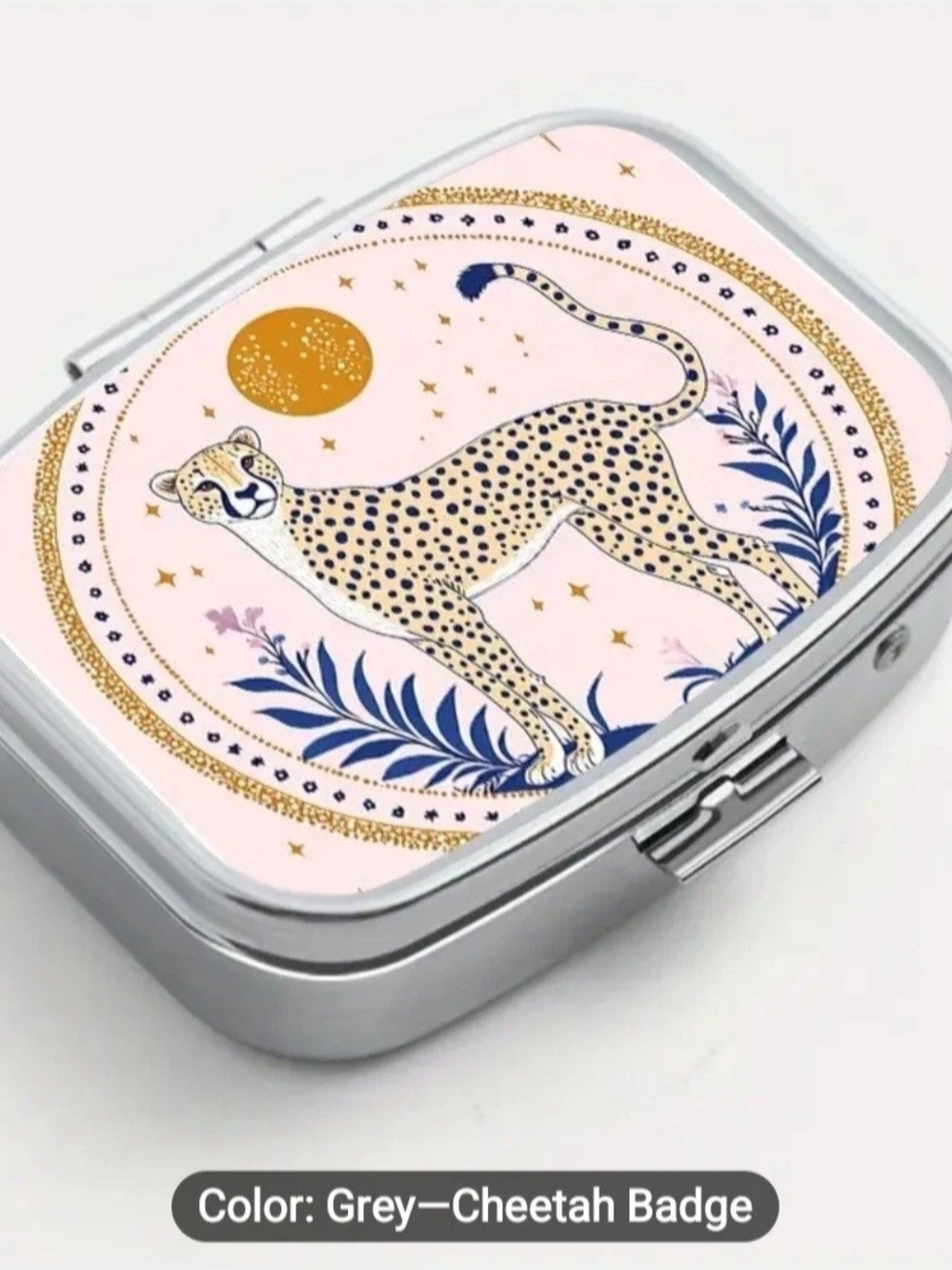 Elegant Royal Cheetah  Compact Pink Pill Box W/2 Compartments & Mirror.